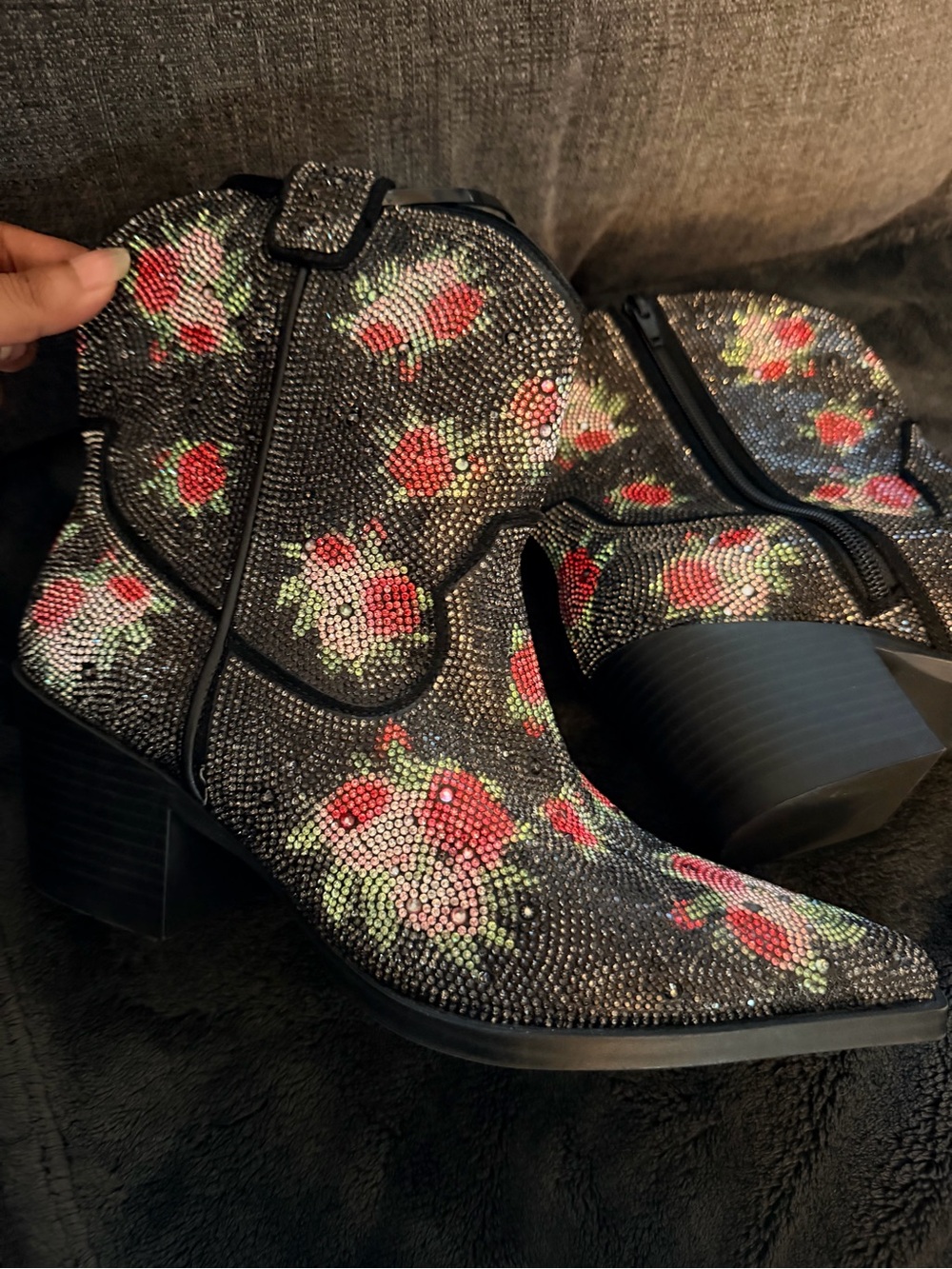 Black Floral Western Ankle Boot with Red Rose Accents - Picture 5 of 7